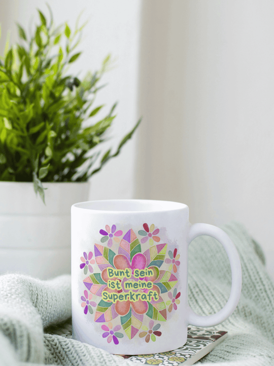 Keramiktasse mit Spruch „Bunt ist meine Superkraft“ – Geschenk für Frauen, Lebensfreude, Selbstliebe & kreative Persönlichkeit