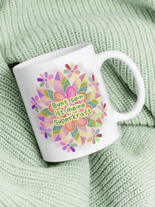 Keramiktasse mit Spruch „Bunt ist meine Superkraft“ – Geschenk für Frauen, Lebensfreude, Selbstliebe & kreative Persönlichkeit
