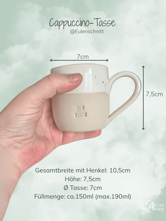 Cappuccinotasse von Eulenschnitt bei Alles auf Anfang- Geschenke für Herz & Seele. Größenangaben der kleinen handgefertigten Cappuccino-Tasse in Geschenkbox für Freundin, Me-Time und Auszeit