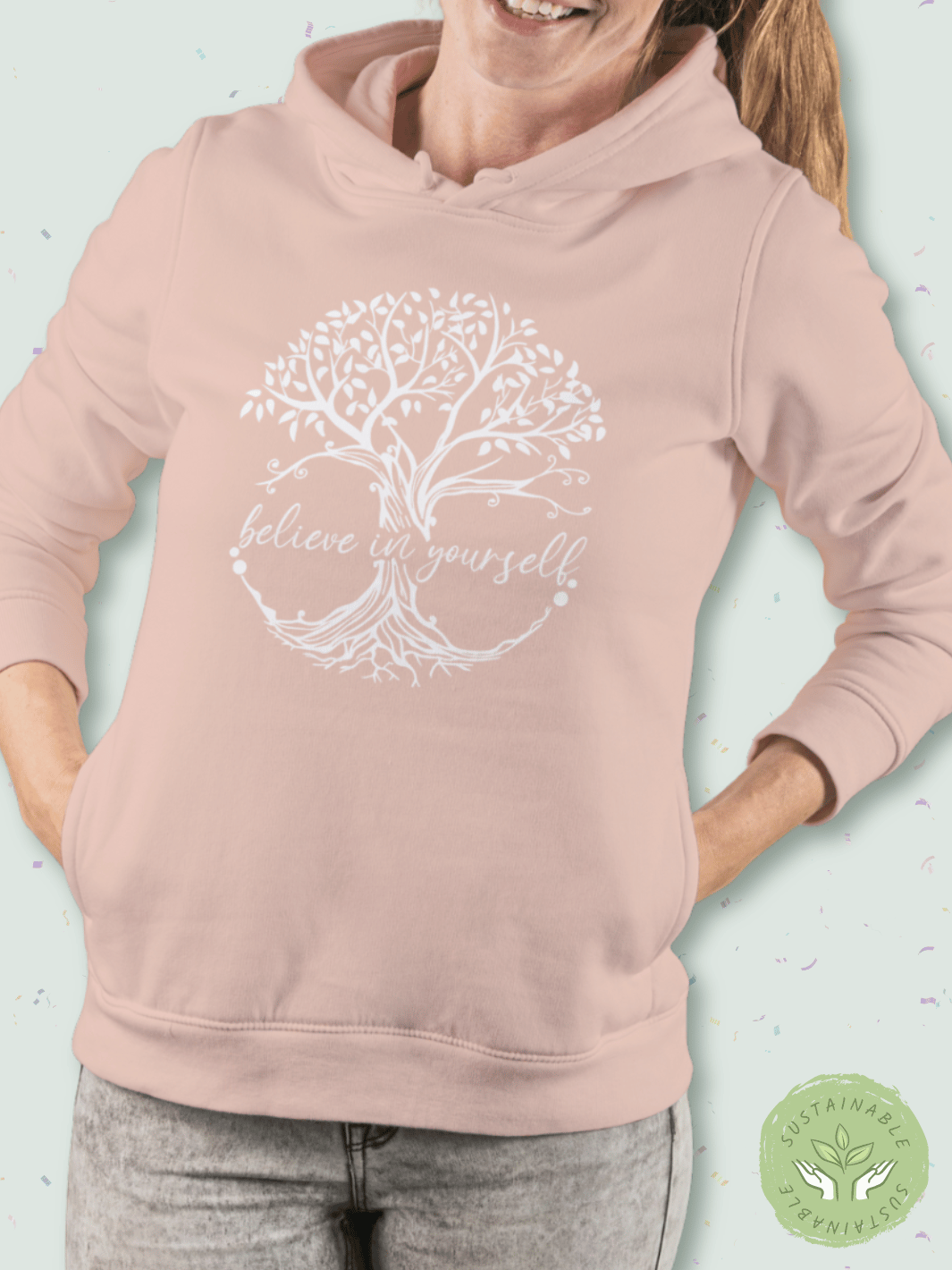 BELIEVE - Nachhaltiger Hoodie im Unisex-Slimfit-Schnitt aus Biobaumwolle und recyceltem PET für Damen. Kuschelig weich und gemütlich für entspannte Me-Time, Achtsamkeit und Selbstliebe – ideal für Entspannung und Wohlfühlmomente