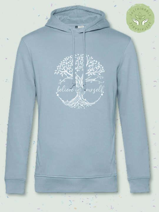 BELIEVE - Nachhaltiger Hoodie im Unisex-Slimfit-Schnitt aus Biobaumwolle und recyceltem PET für Damen. Kuschelig weich und gemütlich für entspannte Me-Time, Achtsamkeit und Selbstliebe – ideal für Entspannung und Wohlfühlmomente