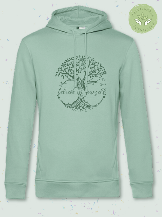 BELIEVE - Nachhaltiger Hoodie im Unisex-Slimfit-Schnitt aus Biobaumwolle und recyceltem PET für Damen. Kuschelig weich und gemütlich für entspannte Me-Time, Achtsamkeit und Selbstliebe – ideal für Entspannung und Wohlfühlmomente