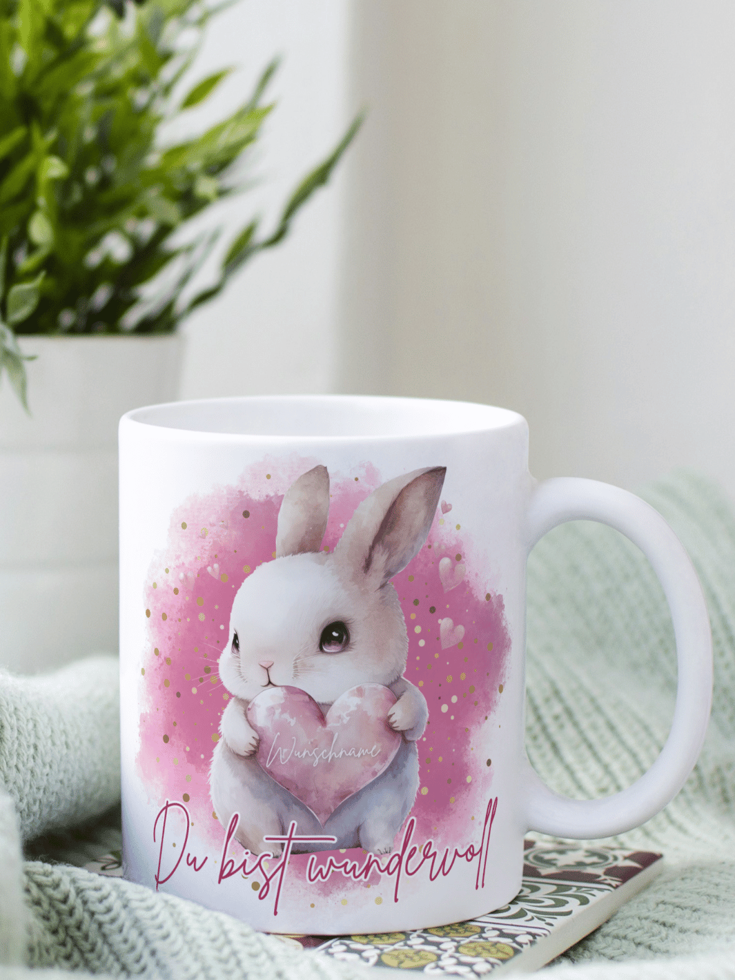 Personalisierte Tasse mit Hase und Herz – Motiv „Du bist wundervoll“, liebevolles Geschenk für Frauen, Freundinnen & Herzensmenschen