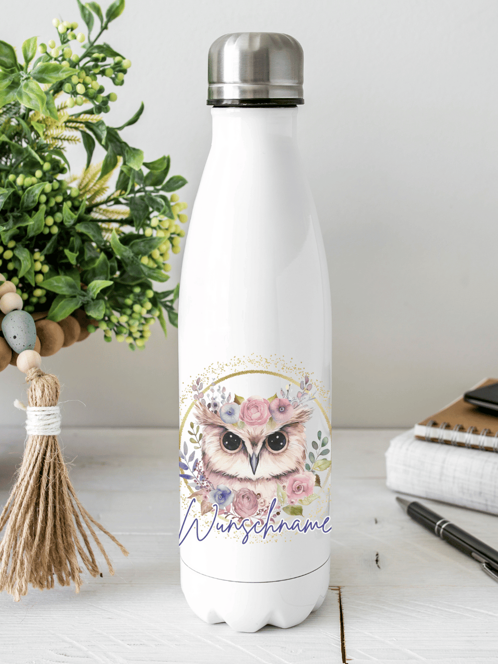 Personalisierbare Edelstahl-Trinkflasche mit doppelwandiger Thermo-Isolierung, 350ml oder 500ml, auslaufsicher und BPA-frei, mit liebevollem Aquarell-Motiv Eule – nachhaltiges Geschenk für unterwegs, Schule, Büro oder Sport.