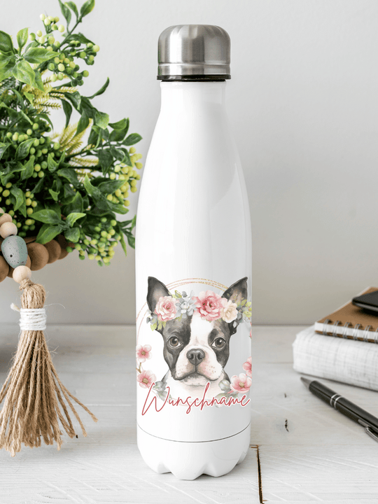 Personalisierbare Edelstahl-Trinkflasche mit doppelwandiger Thermo-Isolierung, 350ml oder 500ml, auslaufsicher und BPA-frei, mit liebevollem Aquarell-Motiv Hund – nachhaltiges Geschenk für unterwegs, Schule, Büro oder Sport.