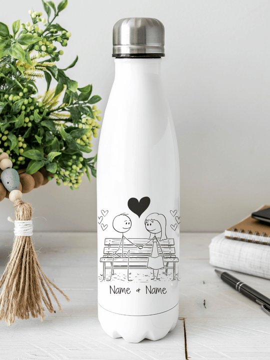 Personalisierbare Edelstahl-Trinkflasche mit doppelwandiger Thermo-Isolierung, 350ml oder 500ml, auslaufsicher und BPA-frei, mit liebevollem Aquarell-Motiv Liebespaar  – nachhaltiges Geschenk für unterwegs, Schule, Büro oder Sport.