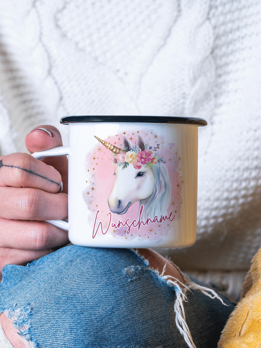 Emaillebecher mit personalisiertem Motiv – langlebig und einzigartig – ideal für Achtsamkeit, Geschenke und entspannte Momente