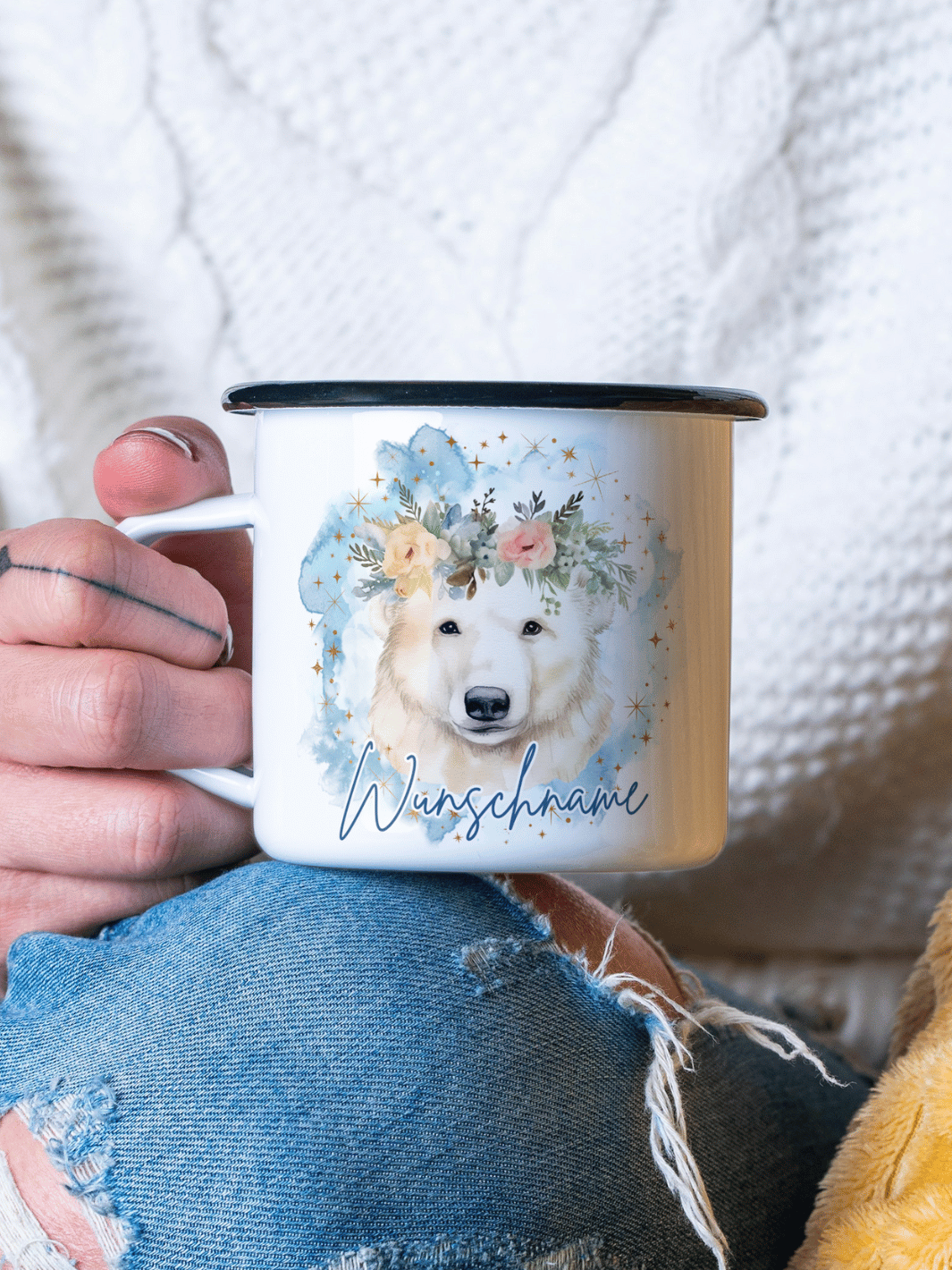 Emaillebecher mit personalisiertem Motiv – langlebig und einzigartig – ideal für Achtsamkeit, Geschenke und entspannte Momente
