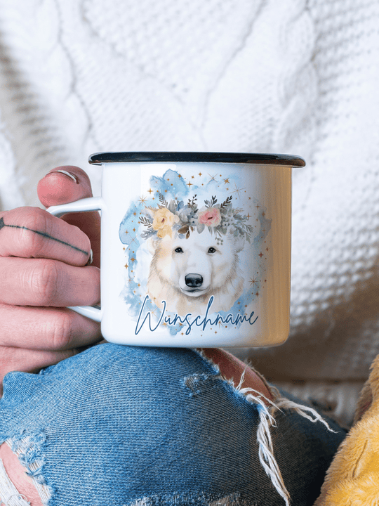 Emaillebecher mit personalisiertem Motiv – langlebig und einzigartig – ideal für Achtsamkeit, Geschenke und entspannte Momente