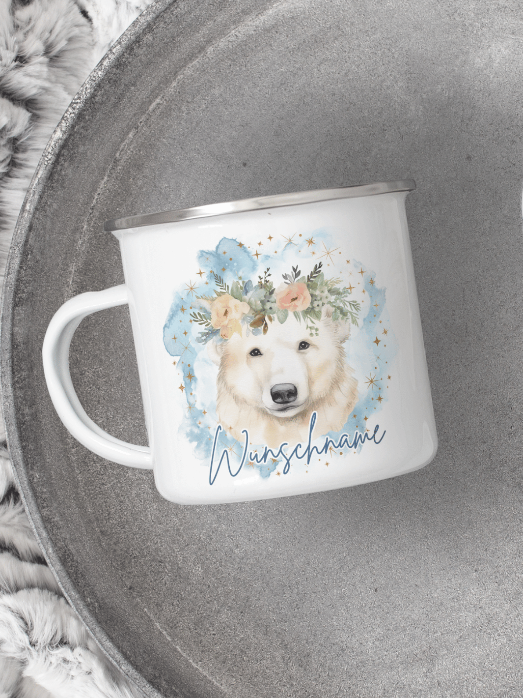 Emaillebecher mit personalisiertem Motiv – langlebig und einzigartig – ideal für Achtsamkeit, Geschenke und entspannte Momente