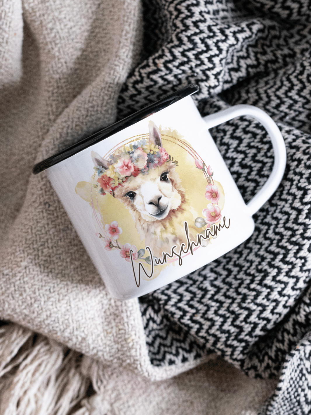 Emaillebecher mit personalisiertem Motiv – langlebig und einzigartig – ideal für Achtsamkeit, Geschenke und entspannte Momente