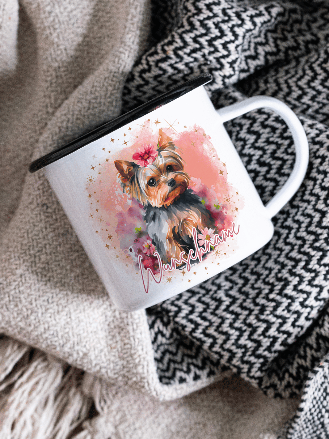 Terrier - Emaillebecher mit personalisiertem Motiv – langlebig und einzigartig – ideal für Achtsamkeit, Geschenke und entspannte Momente