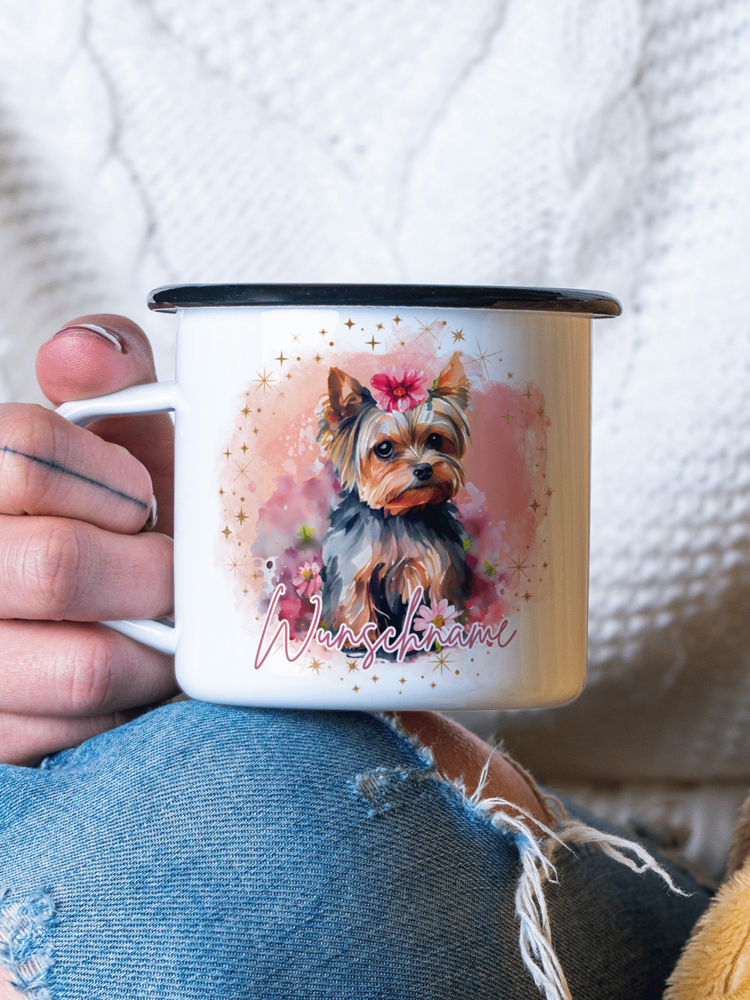 Terrier - Emaillebecher mit personalisiertem Motiv – langlebig und einzigartig – ideal für Achtsamkeit, Geschenke und entspannte Momente