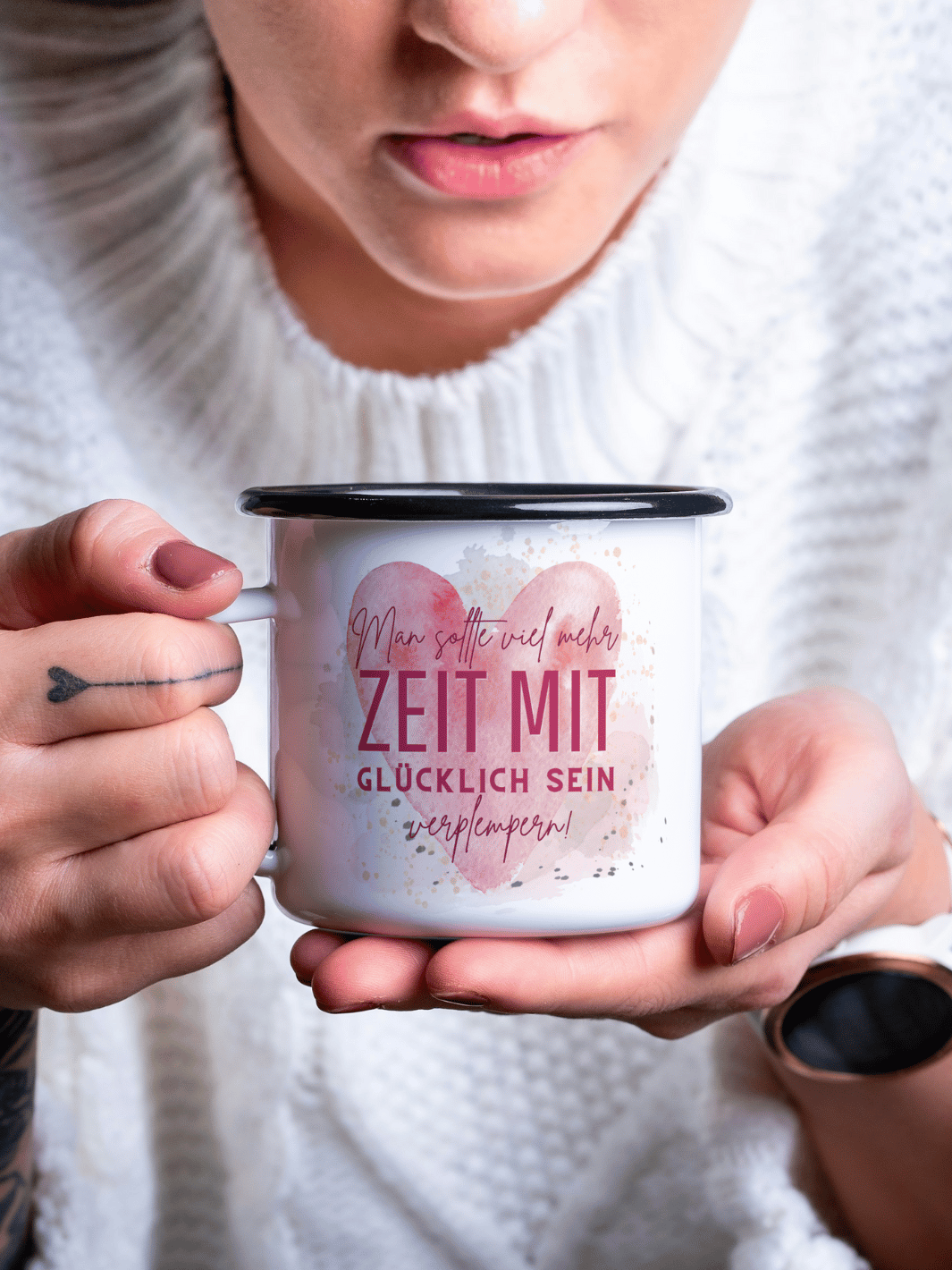 Emaillebecher mit personalisiertem Motiv – langlebig und einzigartig – ideal für Achtsamkeit, Geschenke und entspannte Momente