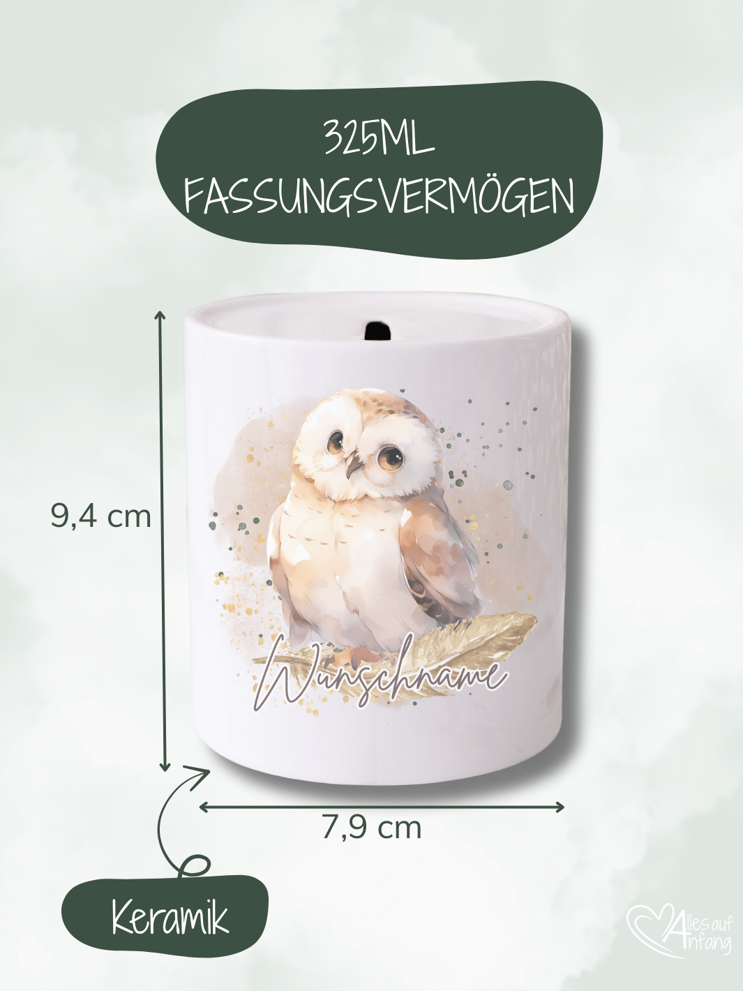 Keramikspardose, Motiv Eule II, 325 ml, Höhe 9,4 cm, Durchmesser 7,9 cm – handgefertigt in Familienmanufaktur Alles auf Anfang, personalisierbar, individuelles Geschenk für Kinder und Erwachsene