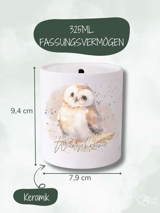 Keramikspardose, Motiv Eule II, 325 ml, Höhe 9,4 cm, Durchmesser 7,9 cm – handgefertigt in Familienmanufaktur Alles auf Anfang, personalisierbar, individuelles Geschenk für Kinder und Erwachsene