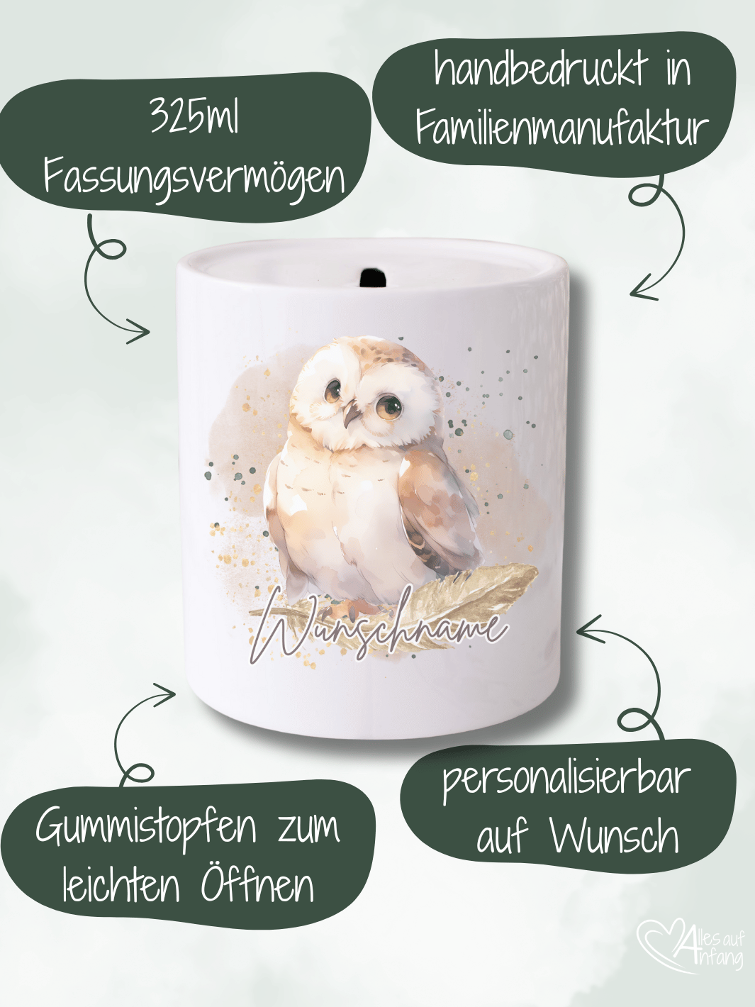 Keramikspardose, Motiv Eule II mit 325 ml mit Gummistopfen – handbedruckt und personalisierbar von Alles auf Anfang, nachhaltige Familienmanufaktur, individuelles Geschenk für Kinder und Erwachsene