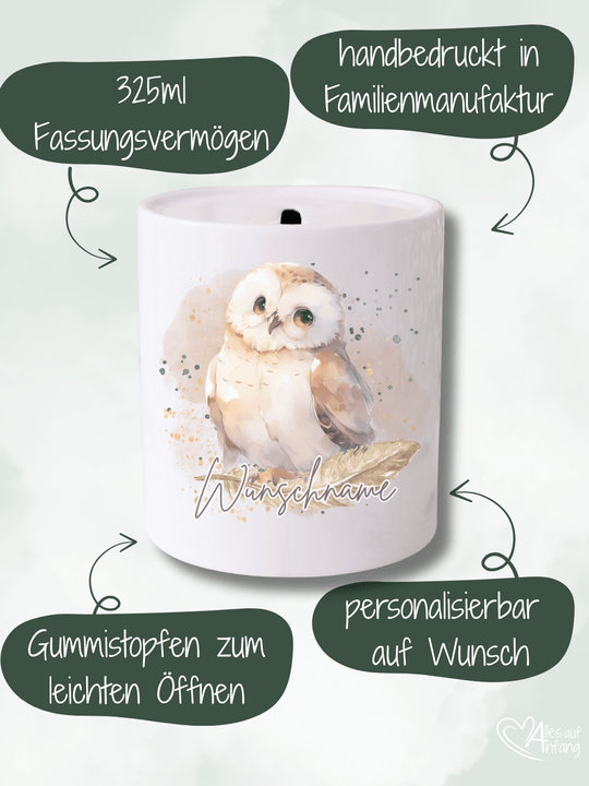 Keramikspardose, Motiv Eule II mit 325 ml mit Gummistopfen – handbedruckt und personalisierbar von Alles auf Anfang, nachhaltige Familienmanufaktur, individuelles Geschenk für Kinder und Erwachsene