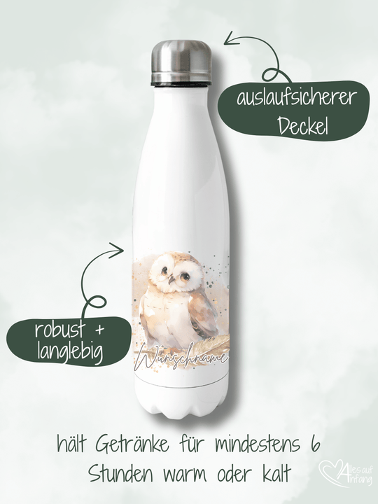 robuste, langlebige und auslaufsichere Thermo-Trinkflasche aus Edelstahl mit süßem Eulen-Aquarellmotiv. Hält Getränke für mindestens 6 Stunden warm oder kalt. Handveredelt und personalisierbar mit Wunschname aus kleiner Familienmanufaktur in Bedurg (NRW)