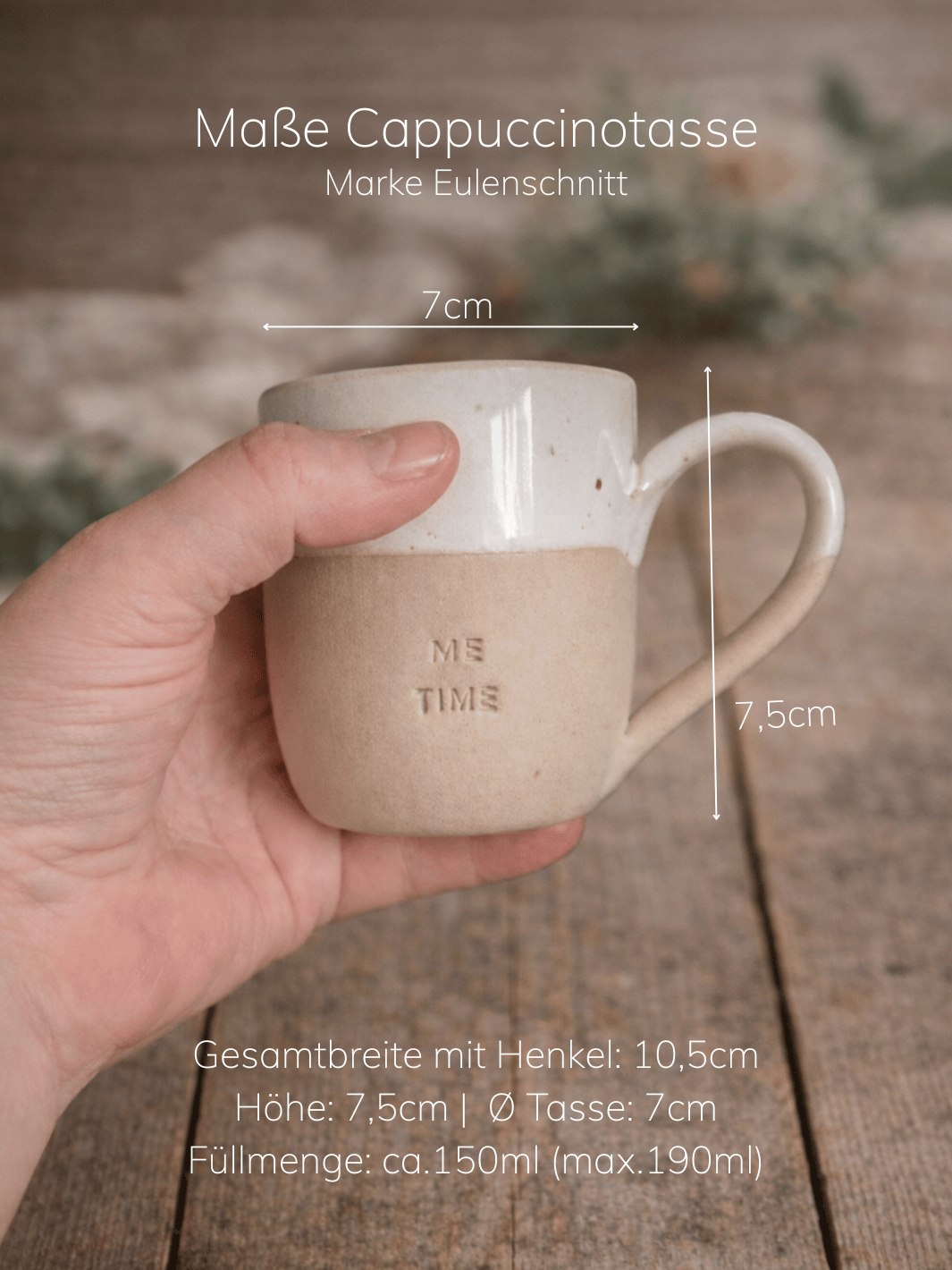 Cappuccinotasse von Eulenschnitt bei Alles auf Anfang- achtsame Geschenke für Frauen in Bedburg, NRW. Größenangaben der kleinen handgefertigten Cappuccino-Tasse in Geschenkbox für Freundin, Me-Time und Auszeit