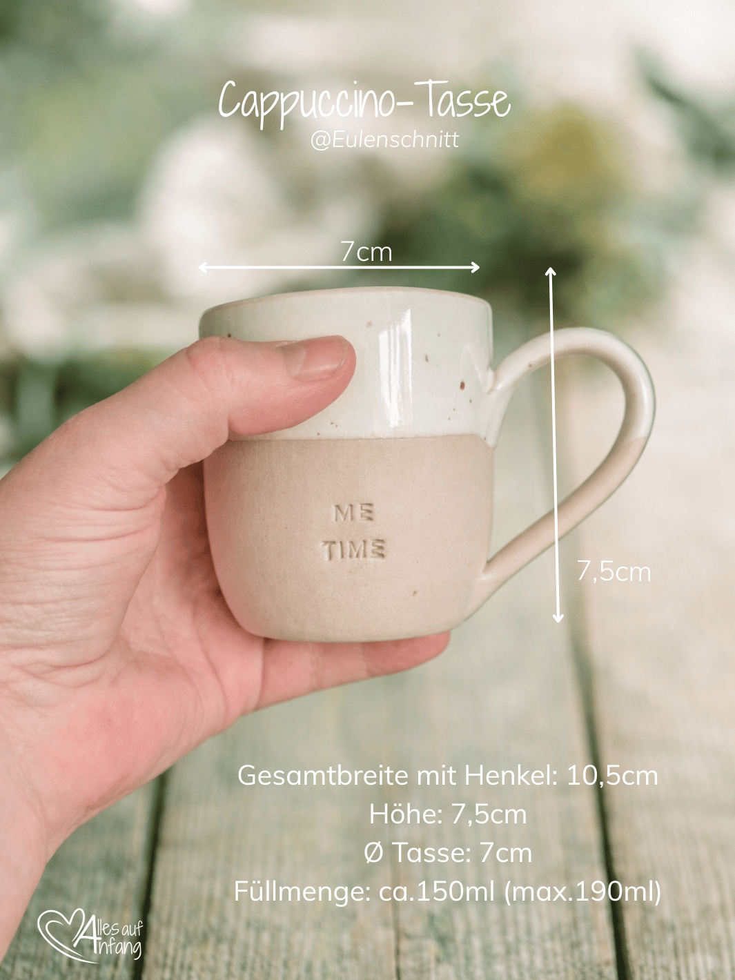 Cappuccinotasse von Eulenschnitt bei Alles auf Anfang- achtsame Geschenke für Frauen in Bedburg, NRW. Größenangaben der kleinen handgefertigten Cappuccino-Tasse in Geschenkbox für Freundin, Me-Time und Auszeit