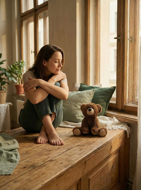 Frau am Fenster mit Teddybär als Mutmacher für Frauen – leiser Moment von Trost und Zuversicht, achtsame Geschenke für Frauen bei Alles auf Anfang in Bedburg, NRW