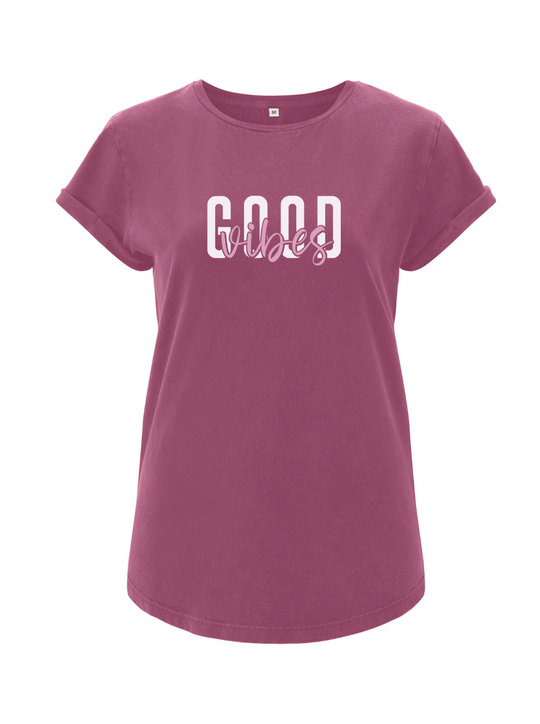 GOOD VIBES Damen T-Shirt rolled arms berry