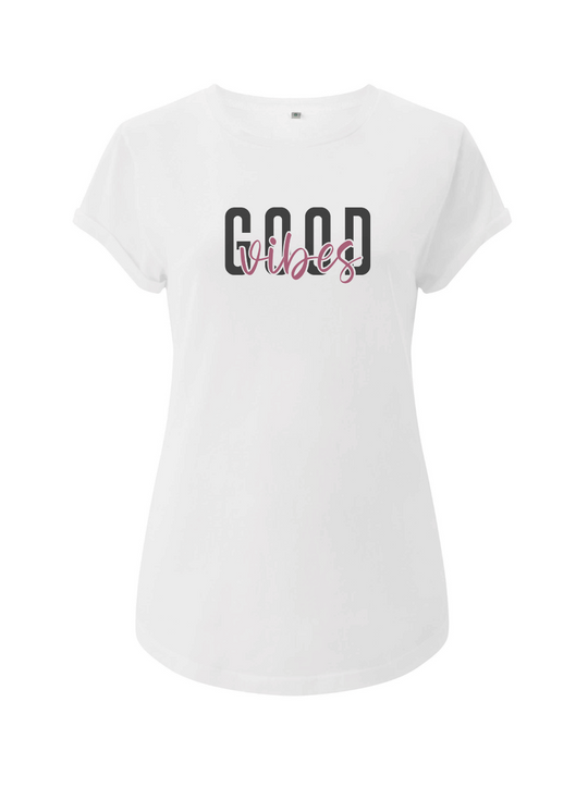 GOOD VIBES Damen T-Shirt rolled arms weiß