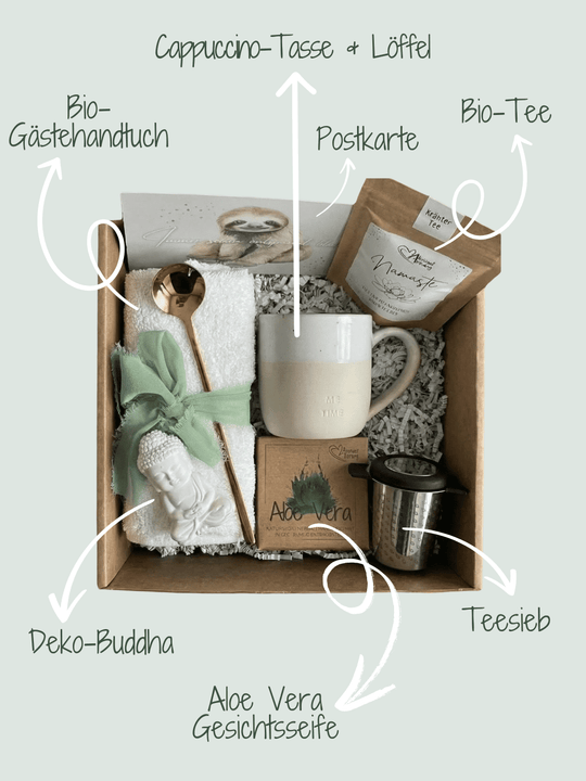 Nachhaltige Geschenkbox Me-Time – handgemacht und liebevoll dekoriert, das perfekte Geschenk für Freundin, voller Achtsamkeit und Herz. Bei Alles auf Anfang, Geschenke für Herz & Seele findest du viele personalisierbare, nachhaltige und handgefertigte Geschenkideen für mehr Me-Time, Selbstliebe und Spaß am Leben.