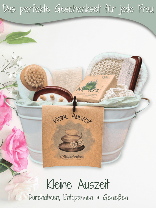 Wellness Geschenkset „Kleine Auszeit“ in Zinkwanne – nachhaltige Körperpflege mit Sisal-Handschuh, Luffa, Bimsstein und handgemachter Aloe Vera Seife