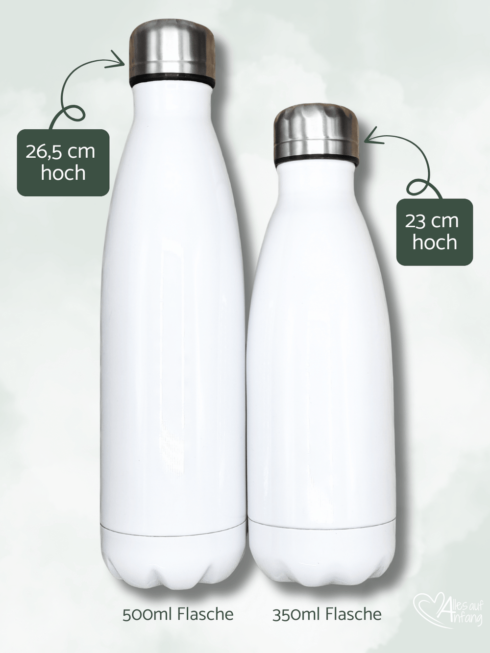 Größenvergleich der Trinkflaschen aus Edelstahl im Onlineshop von Alles auf Anfang. Individuelle Personalisierung und Druck erst auf Bestellung von Hand in kleiner Familienmanufaktur
