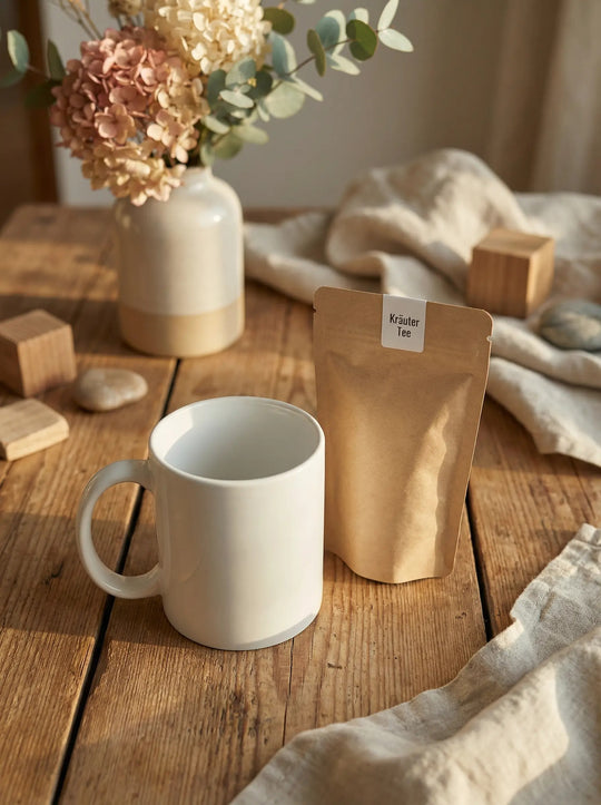 Größenvergleich Tee-Geschenktütchen zu Keramiktasse, achtsame Geschenke für Frauen bei Alles auf Anfang in Bedburg, NRW