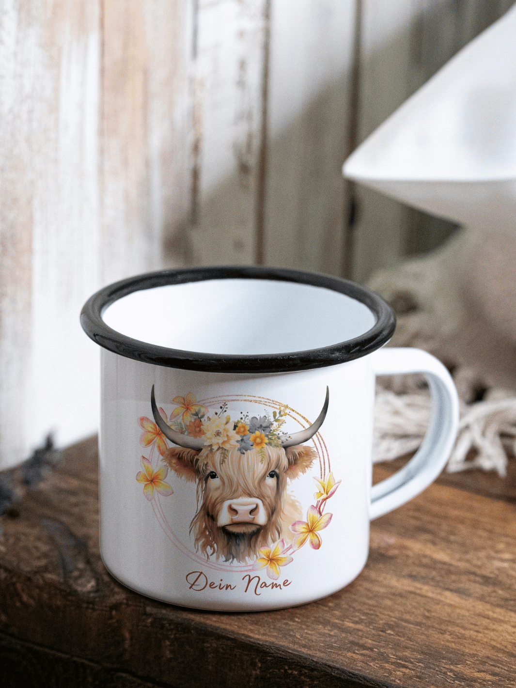 HIGHLAND COW Emaillebecher (personalisierbar) Tassenrand schwarz