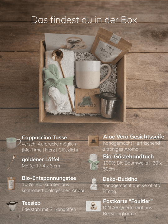 Inhaltsliste Geschenkbox Me-Time von Alles auf Anfang, achtsame Geschenke für Frauen aus Bedburg, NRW. 