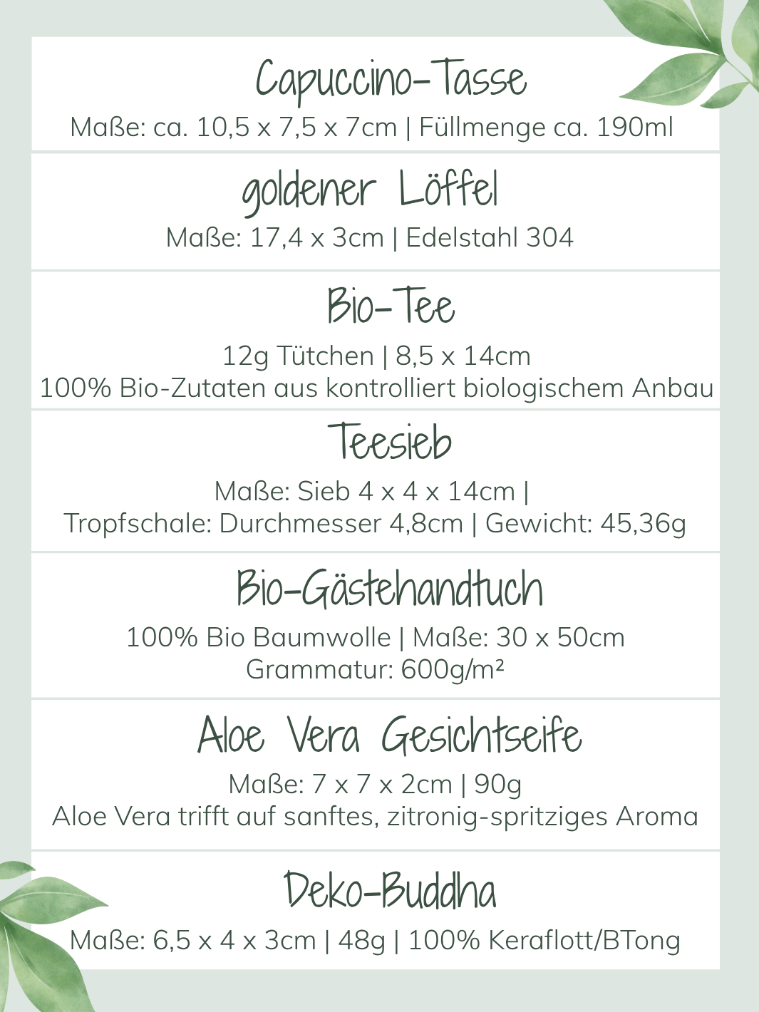 Inhaltsauflistung Geschenkbox Me-Time als persönliches Geschenk an die Freundin