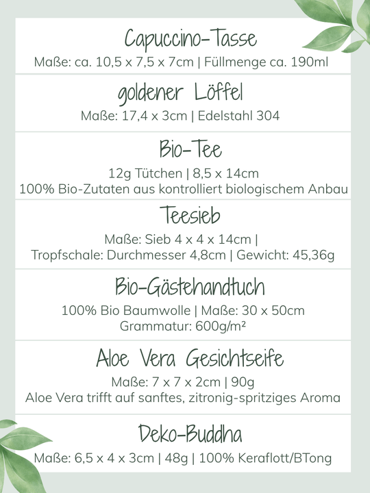 Inhaltsauflistung Geschenkbox Me-Time als persönliches Geschenk an die Freundin