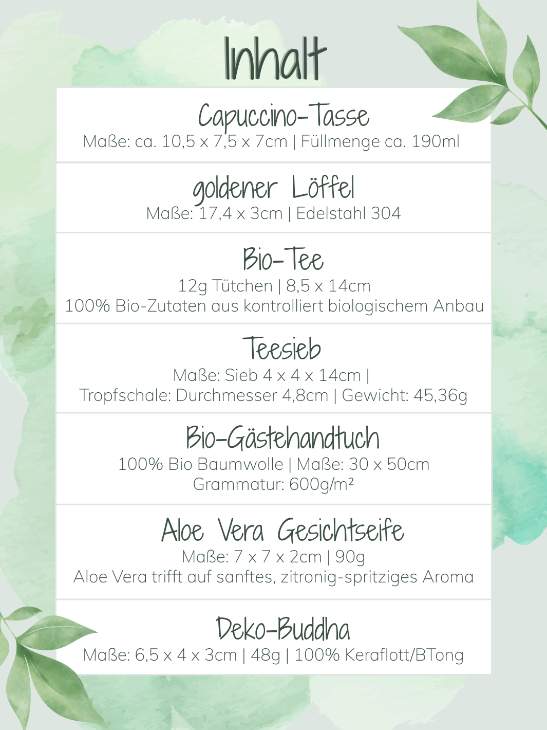 Inhaltsauflistung Geschenkbox Me-Time als persönliches Geschenk an die Freundin