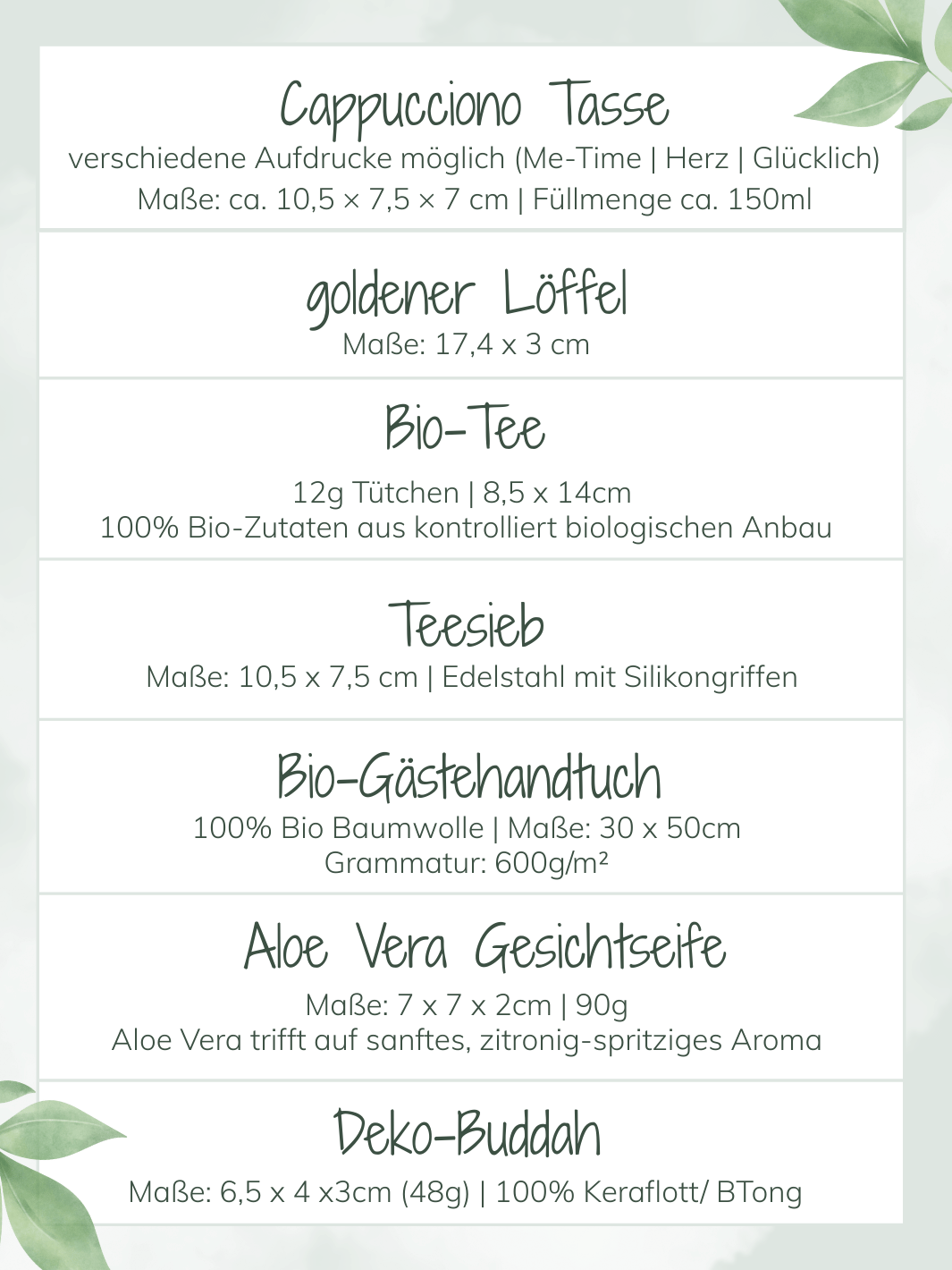 Inhaltsliste Geschenkbox Me-Time von Alles auf Anfang, Geschenke für Herz und Seele. Personalisierbare Geschenkideen für die Freundin, Frau, Mutter,  Kollegin