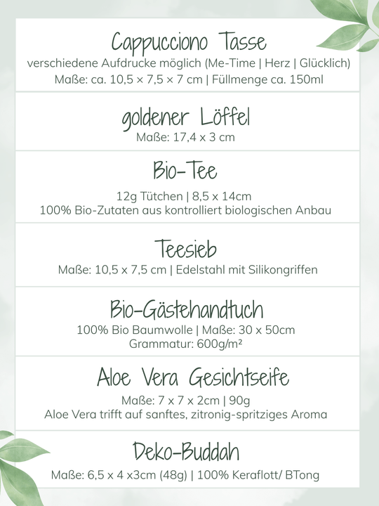 Inhaltsliste Geschenkbox Me-Time von Alles auf Anfang, Geschenke für Herz und Seele. Personalisierbare Geschenkideen für die Freundin, Frau, Mutter,  Kollegin