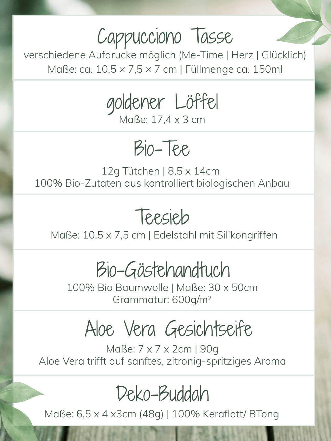 Inhaltsliste Geschenkbox Me-Time von Alles auf Anfang, achtsame Geschenke für Frauen aus Bedburg, NRW. 