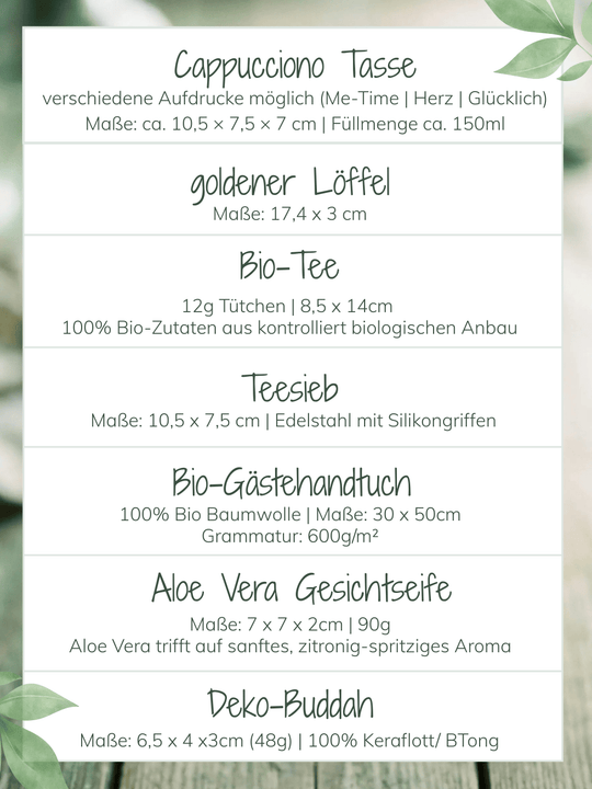 Inhaltsliste Geschenkbox Me-Time von Alles auf Anfang, achtsame Geschenke für Frauen aus Bedburg, NRW. 