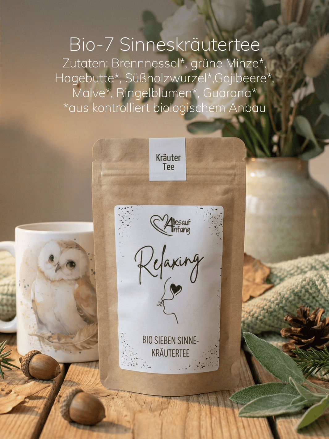 Inhaltsstoffe von Relaxing 7-Sinne-Kräutertee Bio - achtsame Geschenke für Frauen bei Alles auf Anfang in Bedburg, NRW