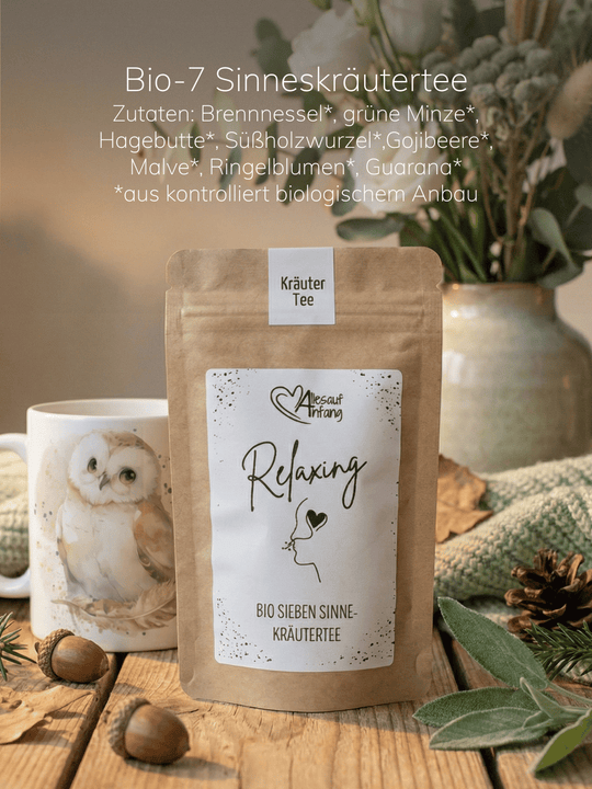 Inhaltsstoffe von Relaxing 7-Sinne-Kräutertee Bio - achtsame Geschenke für Frauen bei Alles auf Anfang in Bedburg, NRW
