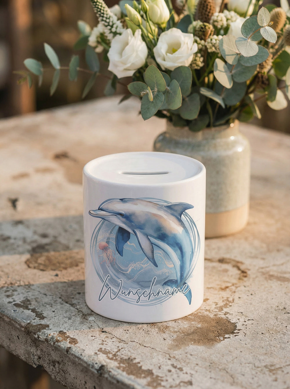 Keramikspardose Delfin personalisiert - achtsame Geschenke für Frauen bei Alles auf Anfang, Bedburg NRW