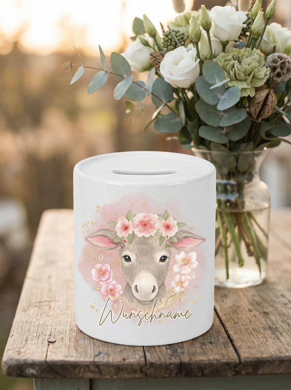 Keramikspardose Esel personalisiert - achtsames Geschenk für Frauen bei Alles auf Anfang, Bedburg NRW