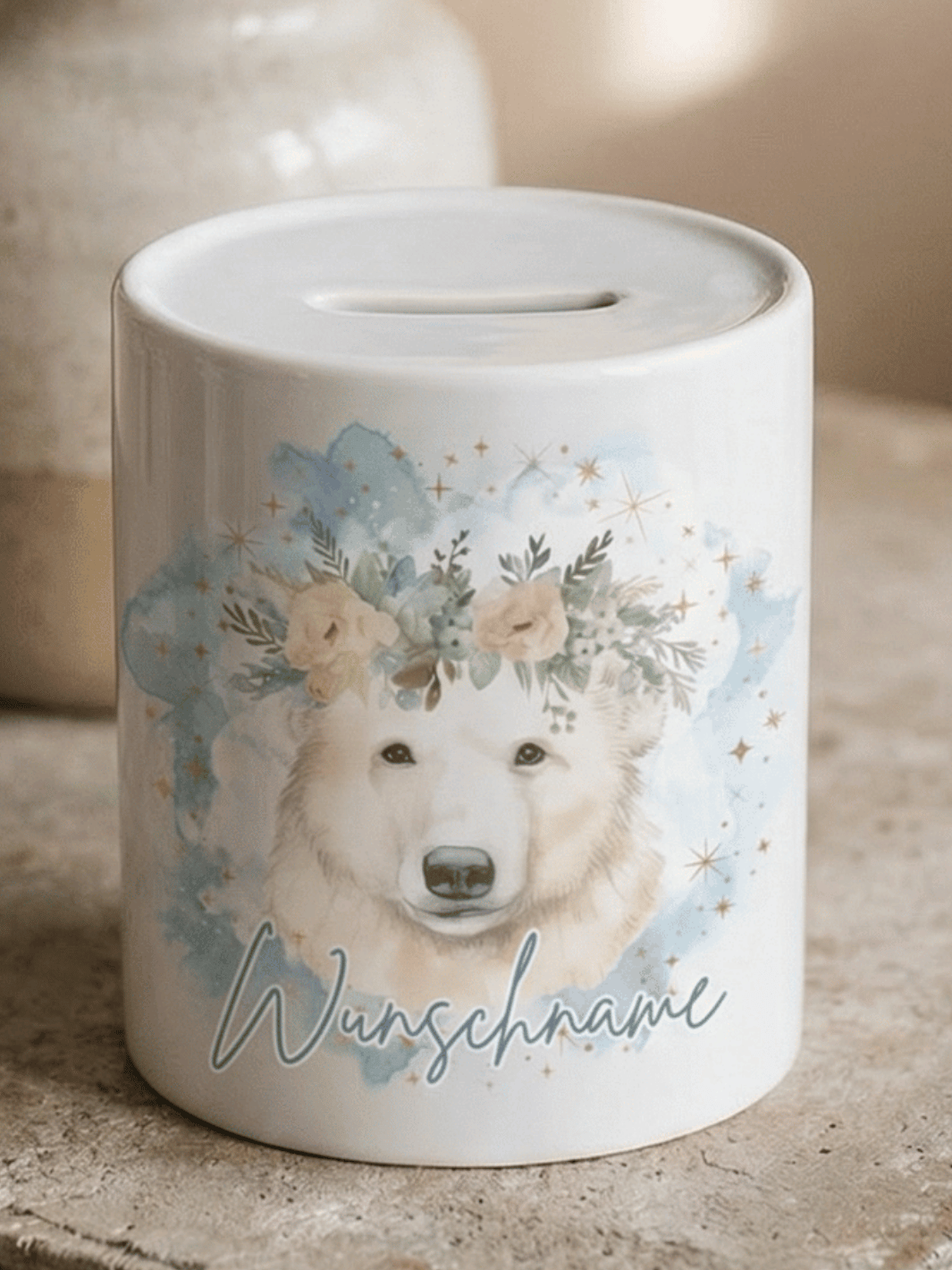 Keramikspardose Eisbär personalisiert - achtsame Geschenke für Frauen bei Alles auf Anfang,Bedburg NRW