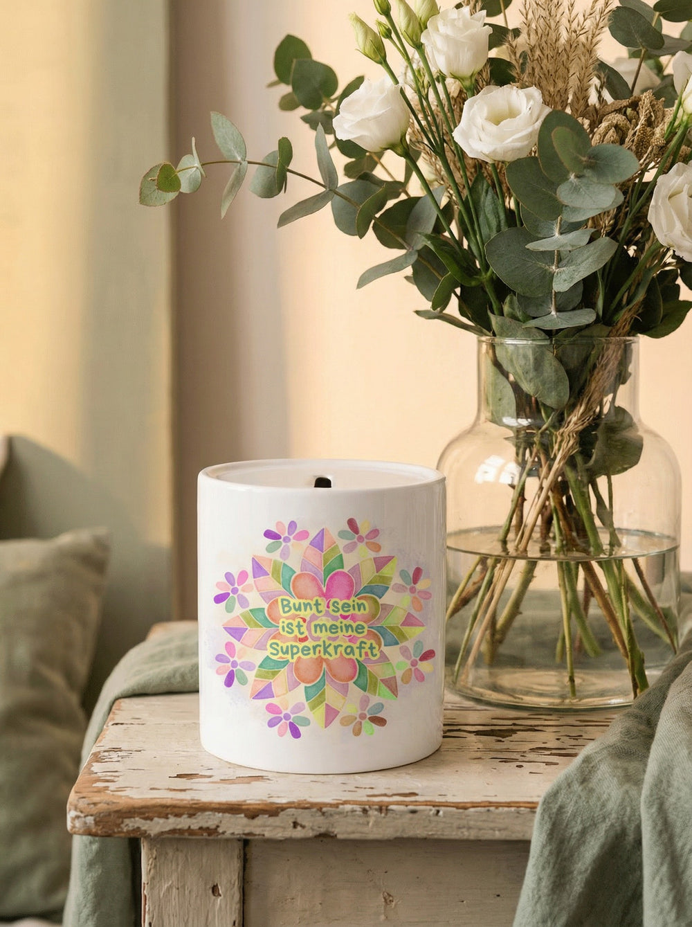 Keramikspardose Bunt sein ist meine Superkraft - achtsame Geschenke für Frauen bei Alles auf Anfang in Bedburg, NRW