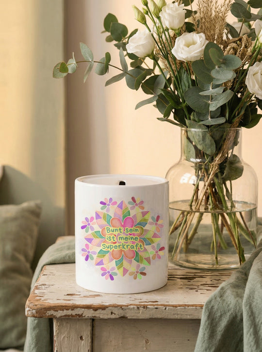 Keramikspardose Bunt sein ist meine Superkraft - achtsame Geschenke für Frauen bei Alles auf Anfang in Bedburg, NRW