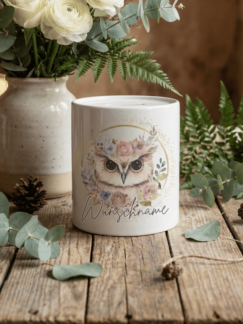 Keramikspardose Eule personalisiert - achtsame Geschenke für Frauen bei Alles auf Anfang, Bedburg NRW