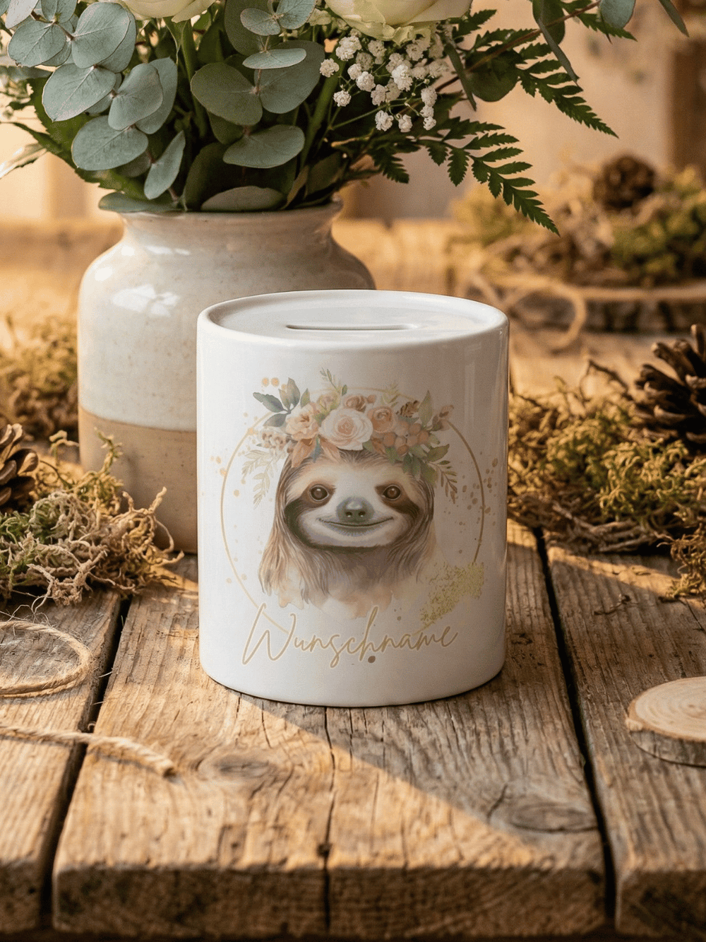 Keramikspardose Faultier personalisiert - achtsame Geschenke für Frauen bei Alles auf Anfang, Bedburg NRW